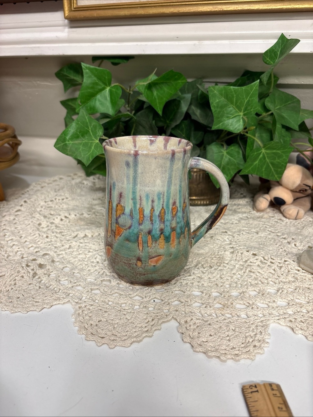 Signed Art Pottery Ceramic Mug w/ Handle Blue Beige Purple Drip Glaze